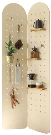 IYUESQ Biombo Plegable de Tablero Perforado, Separador de ambientes con Estante, de 2 a 5 Paneles, para Dormitorio, Bazar, joyería (Color Madera, 180 x 40 cm, 2 Paneles)