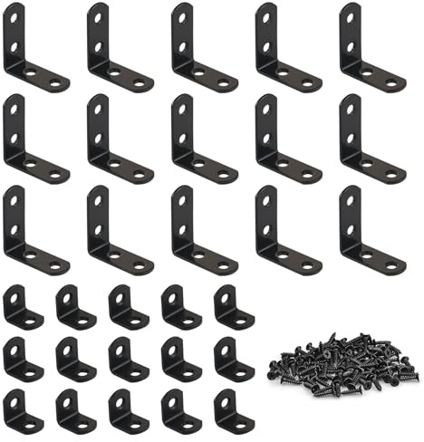 30 PCS L Shape Corner Brackets, Right Angle Bracket, l Bracket, 20x20mm & 40x40mm Black Right Angle Fixing Braces for Wood Furniture, Kitchen Drawer, Shelf with Screws