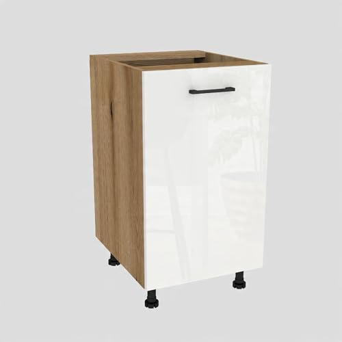 Laclar Unterschrank Küche Capri 45x82x48,5 cm - Küchenunterschrank - 1-türig - Soft-Close Scharniere - Küchenschrank - Selbstmontage - Küchenunterschrank - Eiche Evoke, weißes Acryl Hochglanz