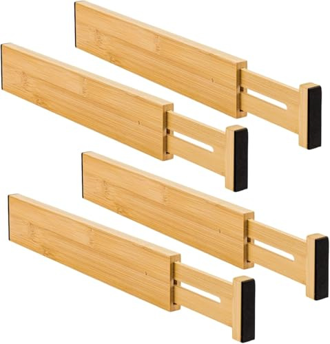 FERNVALE 4 Pack Adjustable Bamboo Drawer Dividers – Expandable Drawer Organisers Separators for Kitchen, Bedroom, Bathroom, and Office Non-Slip for Large Utensil Clothes Tools Drawers (12.8-17 Long)