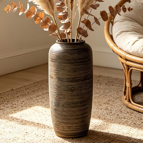 JIDOFUE Grand vase de sol, en céramique, rustique, marron, 40 cm, style bohème, vintage, pour décoration de la maison, vase texturé en terre cuite pour salon, étagère ou entrée