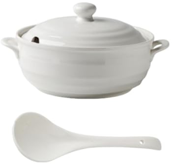 Suppenterrine aus Porzellan mit Deckel und Löffel, Suppenschüssel Mit Doppelgriffen Weißes Design für Zuhause und Restaurant Suppe oder Stews(2200ml)