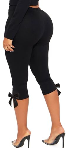 TZLDN Women High Waisted 3/4 Pants Cute Bow Cuff Stretch Bodycon Leggings | Soft All Day Comfort Stretch Y2K Bow Hem Curve Sculpting Capri Pant for Daily Loungewear Summer Street Club Night Outfits