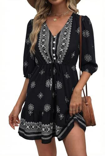 BLENCOT Spring Dresses for Women 2026 Button Down Breastfeeding Boho Printed V Neck 3/4 Long Sleeve Casual Tie Swing Nursing Mini Dress Black L