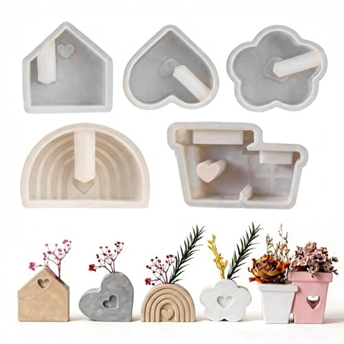 Silikonformen Gießformen Set, Blumen Herz Haus Regenbogen Gießform Kerzenhalter, Vase Silikonformen für DIY Gips Harz Wachs, Bastel Formen Kreative Deko