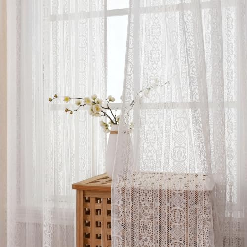 Gazal Vole Weiße Boho Häkelgardinen 2er Set, H 245 x B 140 cm, lichtdurchlässige Spitzengardinen mit Stangentasche, Makramee Vorhänge für Wohnzimmer Schlafzimmer und Balkontür