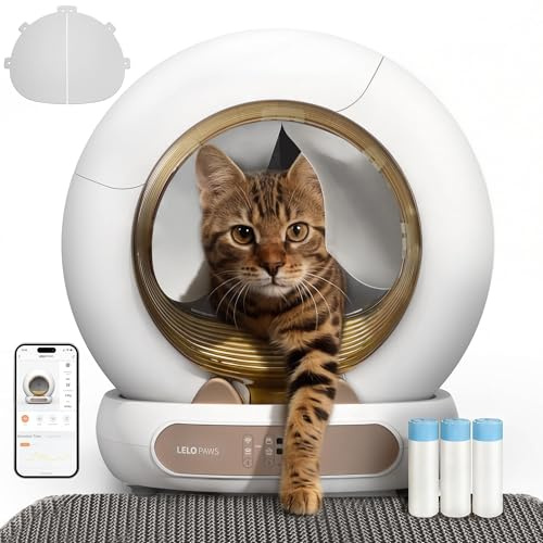 LELO PAWS Selbstreinigende Katzentoilette, 74L Katzenklo Selbstreinigend mit Türvorhang, Müllbeutel, Matte, APP Steuerung, Desodorieren, Sicher, Elektrisches Katzenklo XXL für Mehrere Katzen, Golden