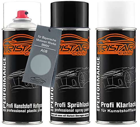 TRISTARcolor Autolack Spray Set Kunststoff für BMW A08 Silbergrau Metallic | für Bayerische Motoren Werke / BMW, Sprühdosen-Set für Stoßstange/Plastik, Kunststoff-Haftgrund + Basislack + Klarlack