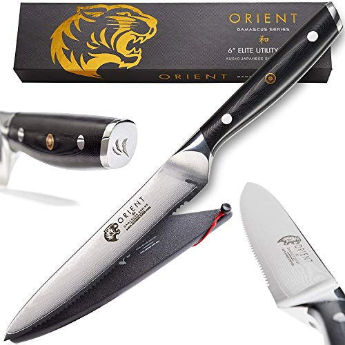 Japanese Serrated Utility Knife with Sheath - 67 Layer Damascus Blade - Gift Box & Blade Protector