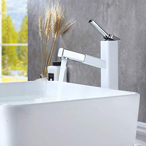 KAIYING Badezimmer Pull Down Vessel Spüle Wasserhahn, Einloch Waschbecken Wasserhahn mit herausziehbarem Sprüher, Einhandgriff Utility Mischbatterie mit drehbarem Auslauf (hoch, chrom und weiß)
