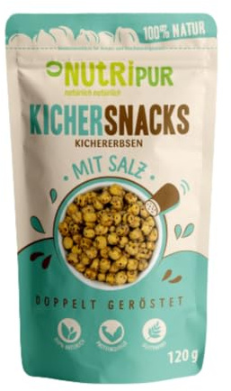 Kichererbsen Snack: 120g leckere Kichersnacks gesalzen – Aus doppelt gerösteten Kichererbsen – Gesalzene Kichererbsen geröstet – Kicher Erbsen Snack vegan – Natürliche Knabbereien geroestet NutriPur