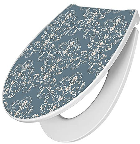 banjado Premium Toilettendeckel mit Absenkautomatik 45x38,4cm / WC Brille Soft Close/hygienischer Toilettendeckel/Klodeckel Duroplast mit Edelstahl Scharnier/Motiv Royal Creme Blau