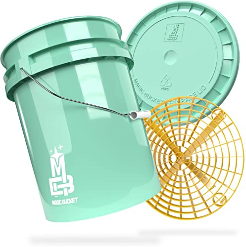 MAGIC BUCKET Car Hand Wash Bundle | Wash Bucket with Matching Bucket Lid 5 US Gallons Approx. 20 Litres | With Grit Guard Bucket Insert Dirt Strainer | Washing Set Mint/Yellow