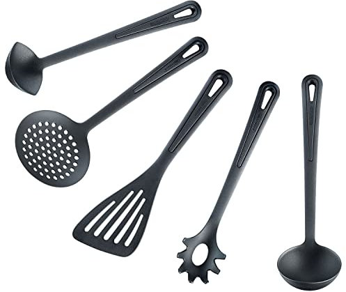 Westmark Küchenhelfer-Set 5tlg.: Pfannenwender, Schaumlöffel, Soßenlöffel, Suppenkelle, Spaghettilöffel, hochhitzebeständig bis 270°C, Kunststoff, Gentle Plus, Schwarz, 280022E9