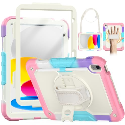 SEYMCY Kids Case for iPad (A16) 11th/10th Generation 11/10.9 2025/2022 | Full-body Shockproof with Screen Protector, 360° Rotating Stand & Hand Strap, Shoulder Strap, Pencil Holder, Pink