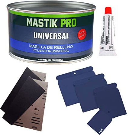 Kit Masilla DE Poliester Universal 1900 GR. + 1 Juego DE ESPATULAS DE CARROCERO + 2 PLIEGOS DE Lija