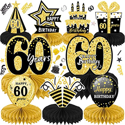 LWAIX 60. Geburtstag Männer Frauen 10Stk Geburtstag Dekoration | Tischdeko Bienenwabe Mittelstück für Waben-Tischdekoration Party Zubehör Tischdekorationen Papier (60)