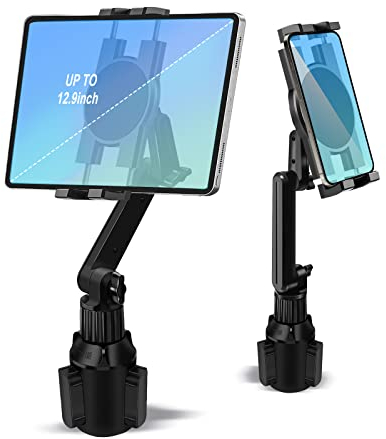 Cup Holder Car Tablet Mount for Truck, 360° Adjustable 15 Long 2-Arm Stand Holder for iPad Pro 12.9/11/10.5/9.7/Air/Mini 6/5/4, Samsung Galaxy Tab/Z Fold 6/5/4, iPhone 16/15/Pro, 4.7-12.9 Tab &Phone