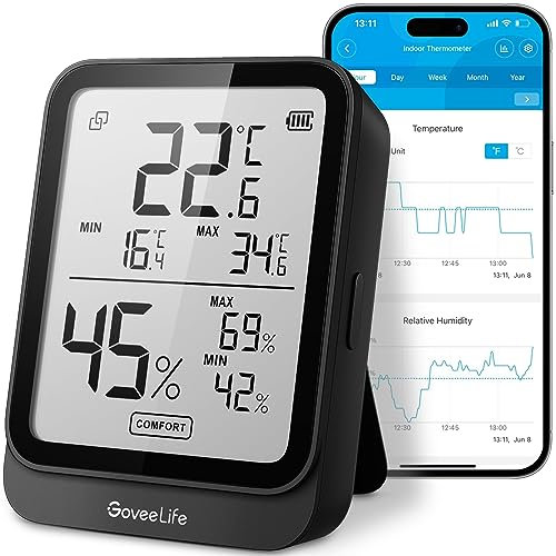 GoveeLife Digitales Thermometer Hygrometer Innen, Bluetooth LCD luftfeuchtigkeitsmesser mit Benachrichtigungsalarm, Temperaturüberwachung mit App, Datenspeicherung für Zuhause Gewächshaus Weinkeller