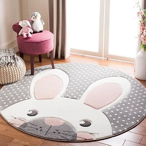Sedefen Teppich Rund 100cm Kinderzimmer Mädchen Rosa Grau Hasen Motive Kinderteppich Waschmaschinenfest rutschfest Flauschig Teppich für Schlafzimmer Wohnzimmer
