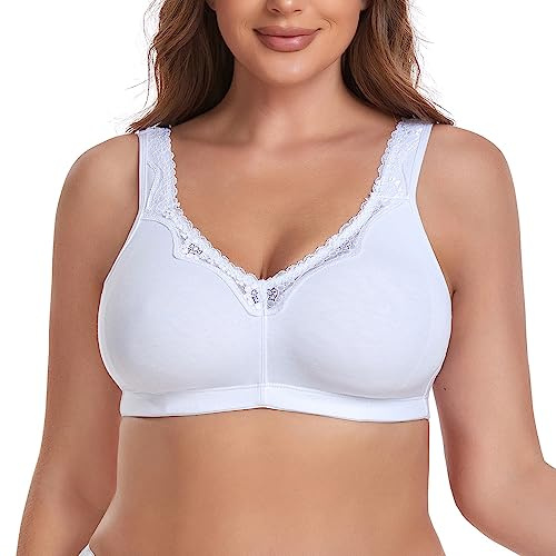 Ayigedu Women's Wireless Plus Size Lace Comfort Cotton Bra Full Coverage Unlined Minimizer Bra 50D White