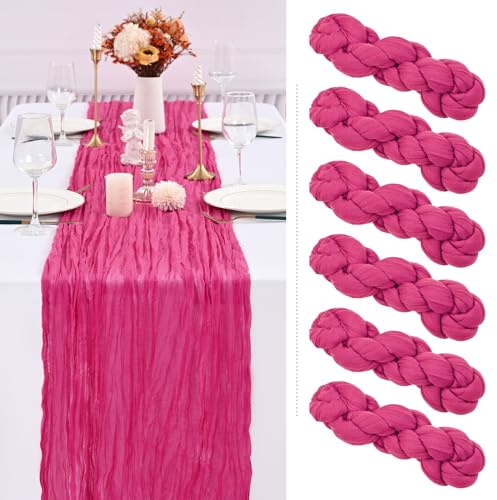Lot de 6 chemins de table en étamine, rose vif, extra large 89,9 x 304,8 cm | Chemin de table long semi-transparent en tissu de fromage bohème ou rustique pour arche de mariage, décoration de vacances