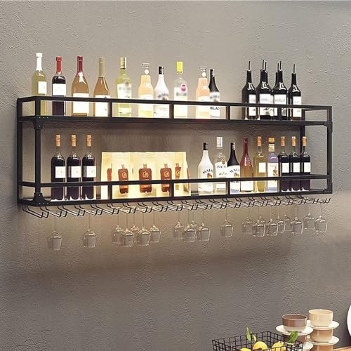 Industrielles Wand-Weinregal Mit Lichtern, Flaschenhalter Aus Schwarzem Metall, Multifunktionales Weinlager-Präsentationsregal Für Zuhause, Bar, Esszimmer, Küche