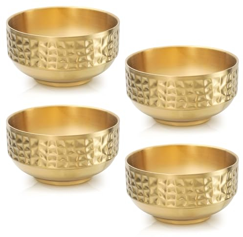 Roucerlin 4Pcs 13.5 Oz 304 Stainless Steel Small Gold Bowls, 4.9 Double Walled Insulated Cereal Dessert Bowl, Metal Deep Rice Soup Bowls Set, Ice Cream Bowl for Kitchen Cooking Camping
