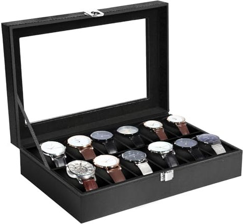 Uten Uhrenkasten für 12 Uhren, Uhrenbox Herren, Uhren Aufbewahrungsbox mit Glasdeckel, Schwarzes Innenfutter, Abnehmbares Polster, Metallschnalle, Schmuckschatulle für Herren und Damenuhren