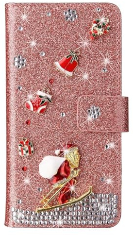 Handyhülle für Samsung Galaxy S24, Glitzer Diamant Hülle Weihnachten Leder TPU Bumper Klapphülle Magnetverschluss Kartenfach Ständer Geldbörse mit Trageband Hülle für Samsung Galaxy S24, Roségold