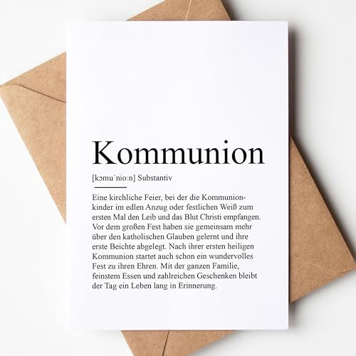 KAMEWI® Grußkarte KOMMUNION Definition | Klappkarte mit Briefumschlag aus Kraftpapier | Glückwunschkarte Kirche Konfirmation Jugendweihe Firmung Jugendliche