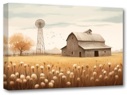 CXHOSTENT Bauernhaus-Leinwand-Kunst Alte Scheune und Windmühle Blumenfeld Bilder Rustikale Bauernhof-Gemälde Druck Rahmen (Scheune - 3, 30.00 x 45.00 cms)