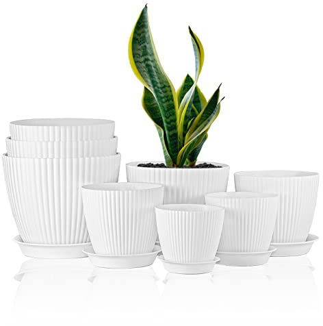 FORAGIFT 8 Pack Plant Pots Indoor, 19/17.5/16.5/16/14/13/11.5/10cm Stripe Grooves Plastic Flower Pots with Drainage Holes and Tray, Modern Decorative Planter Pot for All House Plants, White