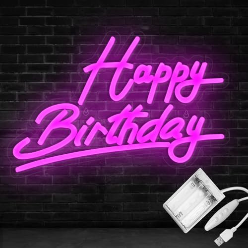 Ginsso Rosa Happy Birthday Neon Schild, Batteriebetrieben, USB-betriebene Neon Sign für Wanddekoration, einstellbare Helligkeit, „Happy Birthday“-Leuchtreklamen (38 x 25 cm)