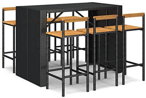 Makastle 7-teilig Gartenbar Set, Garten Sitzgruppe Essgruppe Stehtisch Barstühlen Gartenmöbel, Bartisch mit Barhocker Set für Garten Rasen, Schwarz Poly Rattan & Massivholz Akazie
