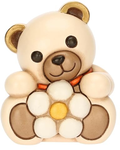 THUN, Teddy con Margherita in Ceramica Decorata a Mano, Versione Piccola, Linea Primavera da Vivere, 7.2 x 6.3 x 8.8 cm h
