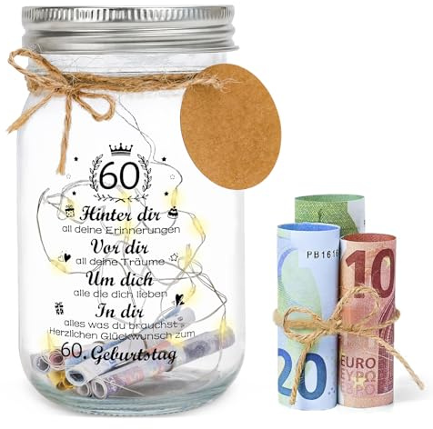 CSYY 60. Geburtstagsgeschenk Geld Leuchtflasche für Geldgeschenke, Mann Frau zum 60. Personalisiert LED Flaschenlicht Geburtstag Geschenk 60 Jahre alt Dekoflasche Spardose