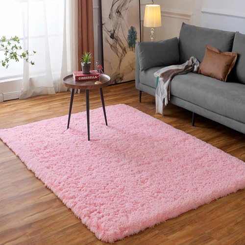 Ceneco Thick Pile Pink Bedroom Rugs 60x120cm Small Fluffy Carpet | Thick Plush, 4cm Pile Height, Anti Slip, Area Rug for Bedroom, Living Room, Girls Bedroom, Bedside, Nursery