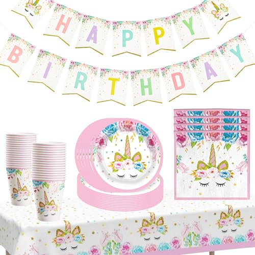 MORAINJAY 84 pezzi set di stoviglie per compleanno per ragazze a tema rosa unicorno con piatti carta tovaglioli tazze, tovaglia banner, ideale per feste di bambini, tavolo decorativo allegro -16