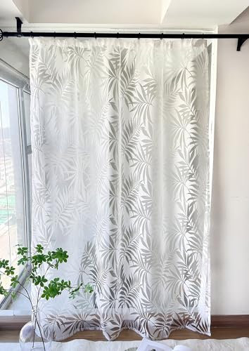 Devola Gardine Ausbrenner Blätter Fensterschal Transparent Küchenvorhang Lang Schiebevorhänge Modern Fertiggardine Wohnzimmer Voile Gardinenschals HxB 245x140cm Weiß mit Kräuselband 1 Stück