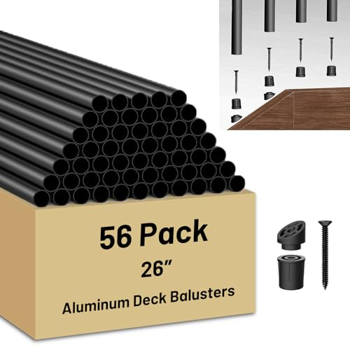 56 Pack 26 inch Aluminum Balusters for Deck Railing,Black Round Metal Spindles for Staircase,3/4 Diameter Hollow Deck Ballasters with Screws and Connectors for Railing Fencing Porch Stair Spindles