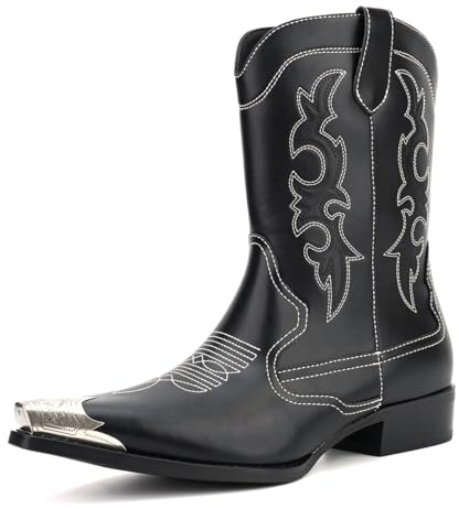 WEOOAR Cowboy Boots for Men Western Men's Boots with Classic Embroidered Slip Resistant Durable Fashionable Retro for Spring Fall (Black, 8)