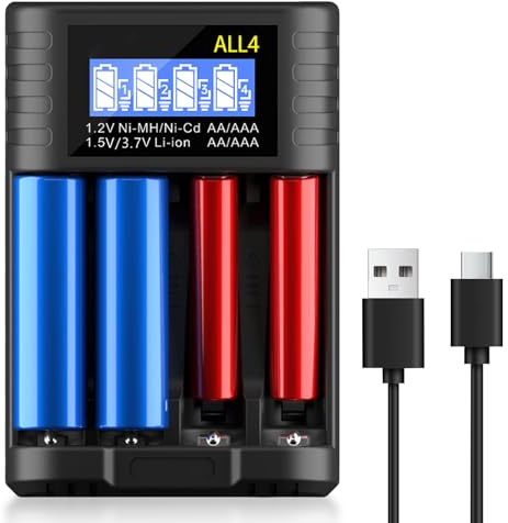 18650 Ladegerät, 4 Fach Universal Akku Ladegerät mit LED Anzeige, Schnell USB-C Batterieladegerät, Batterieladegerät für 18650 18350 21700 16340 AA AAA C 3,7V Li-Ion Akkus, 1,2V NI-MH/NI-CD Batterie