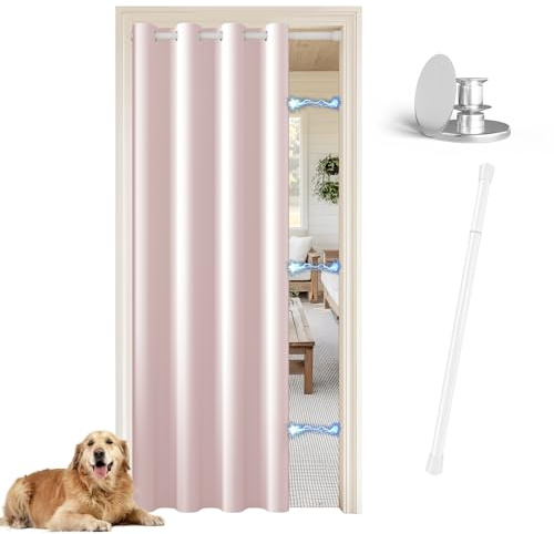 JCyh Tür Vorhang innen mit Stange und Magnetknopf, Türvorhang ohne Bohren für Küche/Schlafzimmer/Wohnzimmer/Abstellraum, Türvorhang Hellpink + Teleskopstange Weiß 70-128 cm