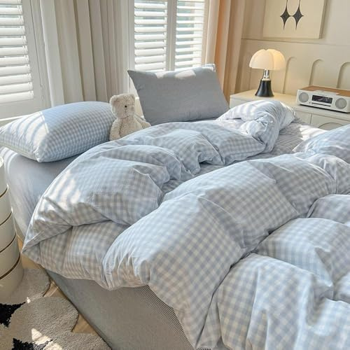 Covebett Housse de Couette 220x240 à Carreaux Vichy Bleu et Blanc Moderne Parure de Lit Adulte 2 Personnes Housse Couette en Microfibre Linge de lit avec Fermeture Éclair et 2 Taies d'oreiller 65x65