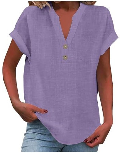 Yinguo Ladies Tops 2025 Women's Summer Cotton Linen Cap Sleeve T-Shirt Button V Neck Tunic Tops Fashion Baggy Solid Plain Casual Shirts Trendy Blouse