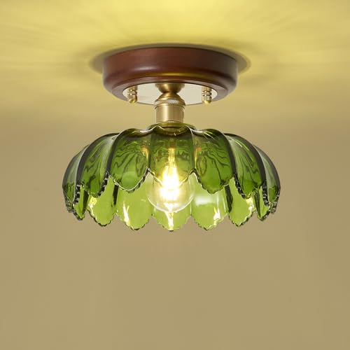10 Green Glass Semi Flush Mount Ceiling Light Wood Copper Farmhouse Hallway Light Fixture, Vintage Ceiling Mount Lamp Light Fixture for Bedroom Kitchen Entryway Living Room