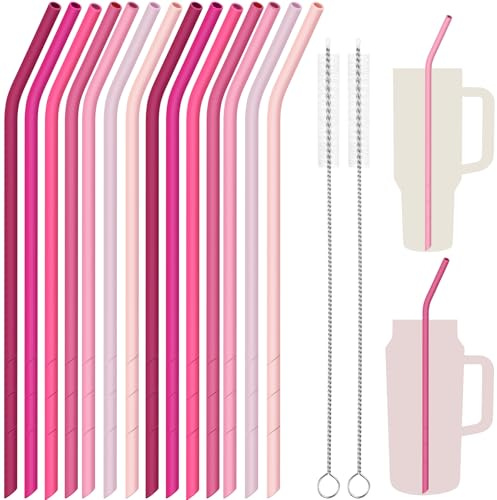 NiHome 14 silikonsugrör för Stanley 40/30 oz, 35,5 cm, BPA-fri rosa | Extra lång, flexibelt förkortad och återanvändbar; för stora drickkoppar och vattenflaskor, inklusive 2 rengöringsborstar