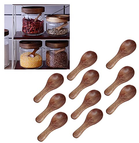 Nikou 10PCS Small Wooden Spoon, Mini Wooden Spoons with Short Handles, Natural Wood Material, Ideal for Jam, Spices, Tea, Honey, 8.2cm x 3.5cm, Dark Brown