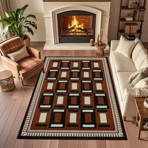 TUKDAK Modern Kariert Teppich Wohnzimmer rutschfest 120x180cm, Braun Geometrisch Karierter Waschbar Teppich Schlafzimmer, Kurzflor Bettvorleger Teppiche, Teppichen für Kinderzimmer Büro Esszimmer